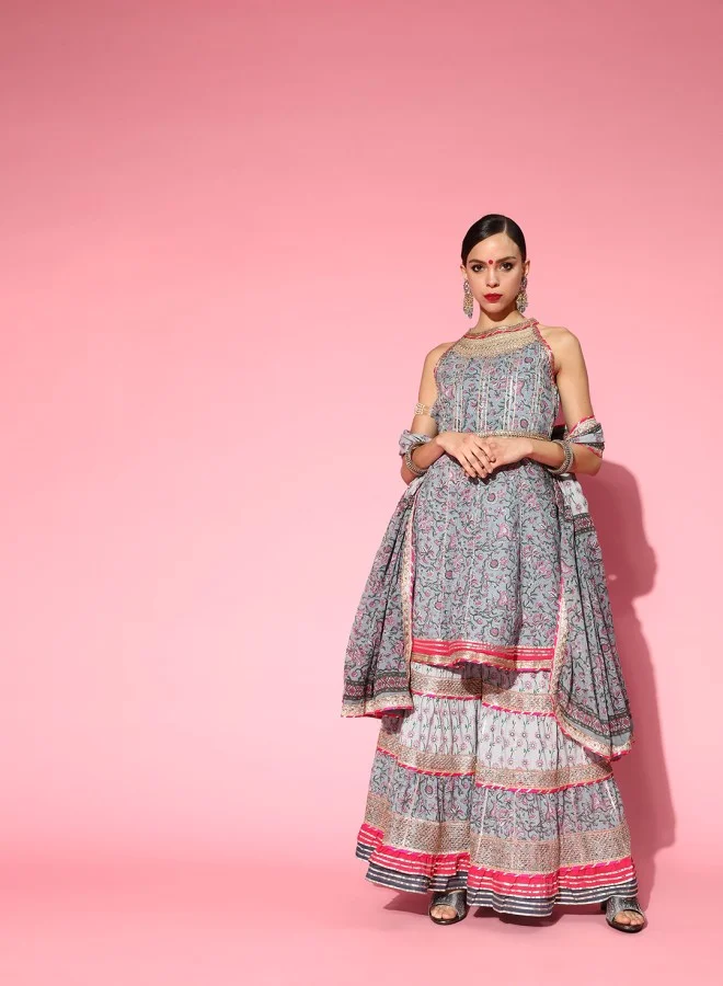 آي شين Women's Grey 100% Cotton Embroidered Anarkali Kurta Set
