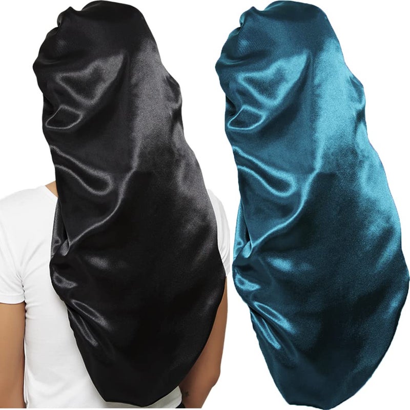 Wbfwbb 2 Pcs Hair Bonnets for Women Satin, Soft Elastic Band Silky Sleeping Cap Big Bonnets for Women Bonnet for Braids(Black+Green) - Image 1
