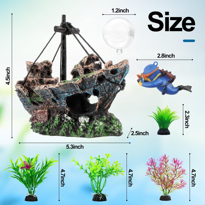 Xereooe 6 Pcs Aquarium Decor Set Shipwreck Decoration Little Diver Floating Fish Tank Decoration Fish Tank Plants - Image 3