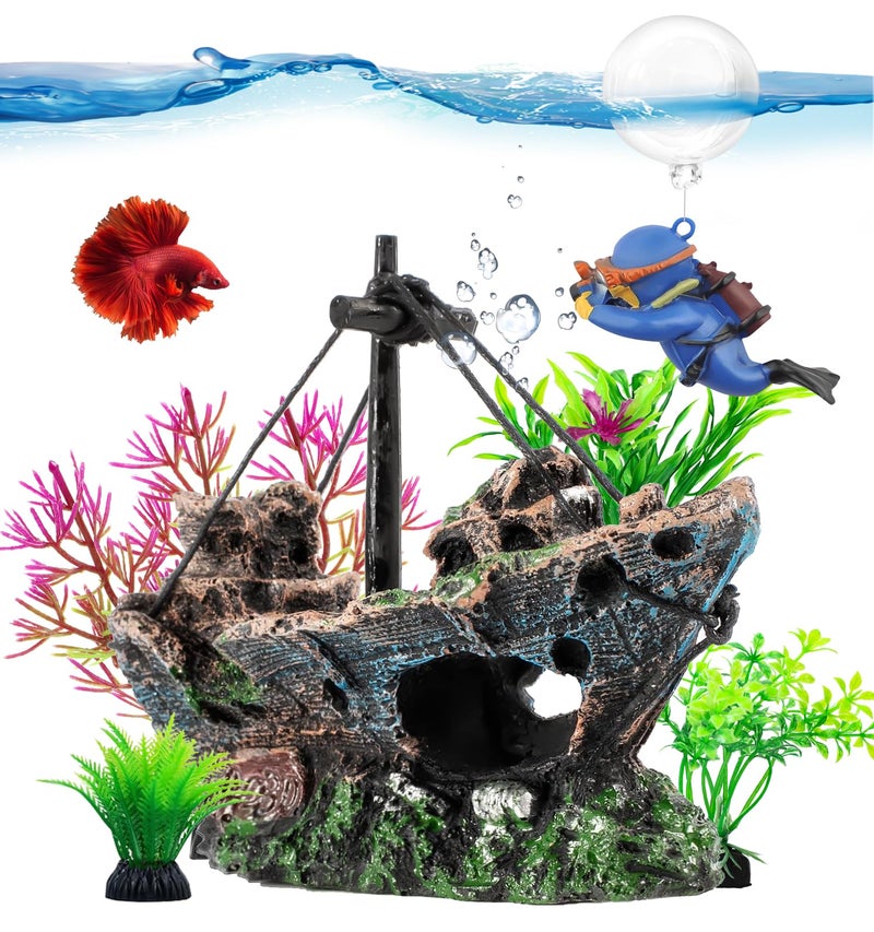 Xereooe 6 Pcs Aquarium Decor Set Shipwreck Decoration Little Diver Floating Fish Tank Decoration Fish Tank Plants - Image 1