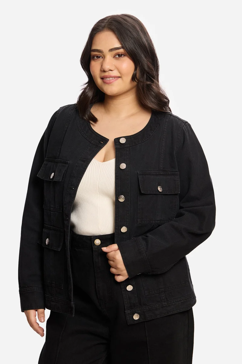 فيرجيو Solid Cotton Denim Plus Size Jacket With Pockets for Women