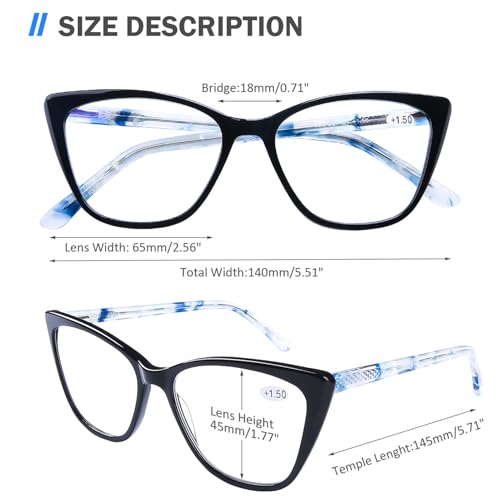 AQWANO Stylish Cat Eye Computer Reading Glasses Designer Blue Light Block， Oversized Readers Anti UV400 Digital Eyestrain for Women,Black 0.0 - Image 3