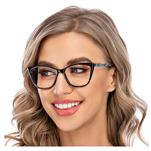 AQWANO Stylish Cat Eye Computer Reading Glasses Designer Blue Light Block， Oversized Readers Anti UV400 Digital Eyestrain for Women,Black 0.0 - Image 1