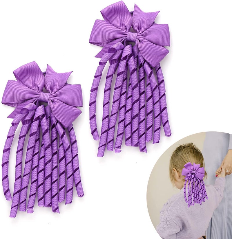 2 Pcs Hair Bow Spiral Streamers Curly Bow Hair Bands Kids Spiral Hair Ties Ponytail Holder Hair Ribbons Bobbles for Girls Toddler Kids Girls School Hair Accessories Purple