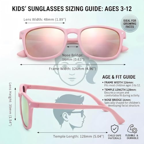 COASION Polarized Kids Sunglasses UV 400 Protection for Girls Boys Classic Retro Style Toddler Shades Age 3-12 (Matte Pink/Pink Mirrored Lens) - Image 5