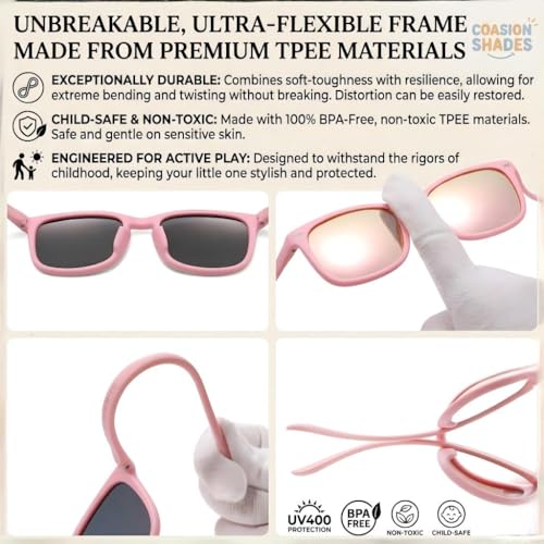 COASION Polarized Kids Sunglasses UV 400 Protection for Girls Boys Classic Retro Style Toddler Shades Age 3-12 (Matte Pink/Pink Mirrored Lens) - Image 3