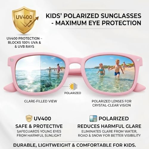 COASION Polarized Kids Sunglasses UV 400 Protection for Girls Boys Classic Retro Style Toddler Shades Age 3-12 (Matte Pink/Pink Mirrored Lens) - Image 4