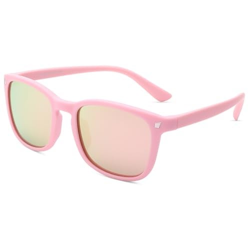 COASION Polarized Kids Sunglasses UV 400 Protection for Girls Boys Classic Retro Style Toddler Shades Age 3-12 (Matte Pink/Pink Mirrored Lens) - Image 1