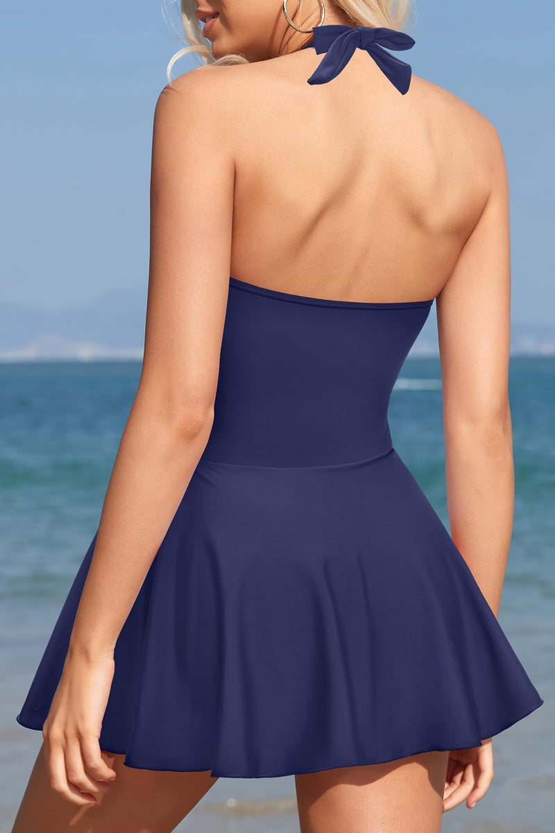 SHEKINI Women's Halter One Piece Skirt Swimsuits Ruched Swimdress Tummy Control Bathing Suit (Deep Blue, Large) - Image 2