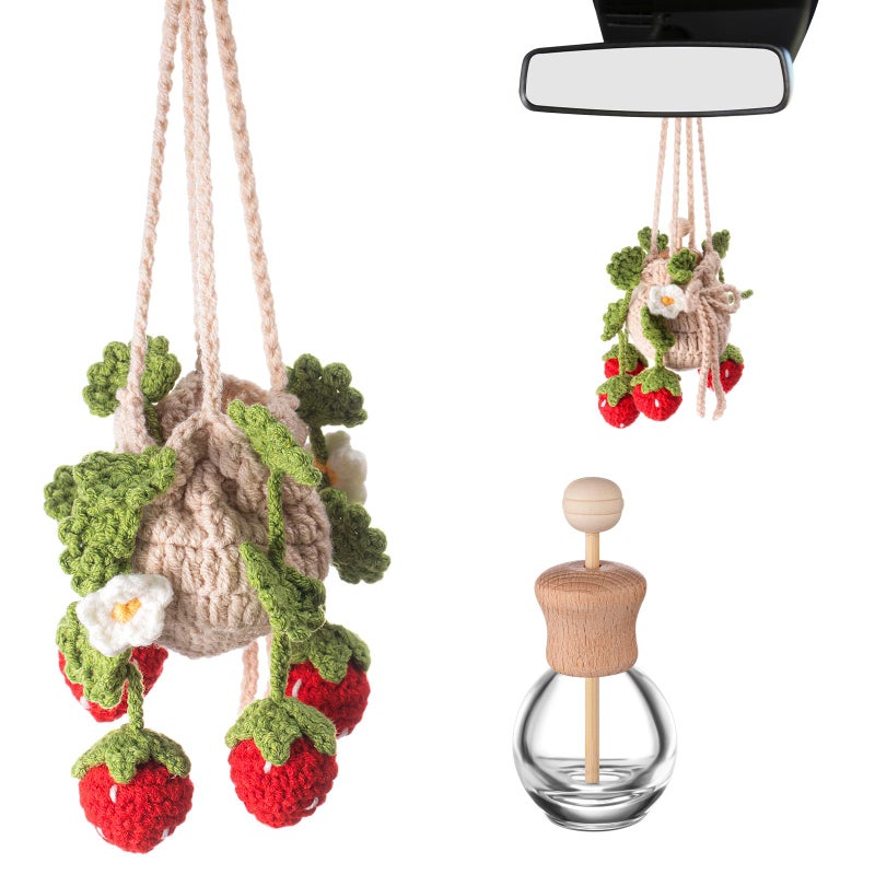 Daisyinner Crochet Plant Car Air Freshener 12Ml Empty Refillable Car Diffuser Bottle With Cute Potted Plants Hanging Accessories Essential Oil Diffuser - Image 1