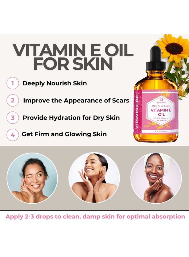 Leven Rose زيت فيتامين E من ليفن روز 75,000 وحدة دولية لكل أونصة 100% طبيعي، عضوي، زيت فيتامين E نقي للبشرة، الوجه، الشعر، الأظافر، والندوب، 4 أونصات - Image 2