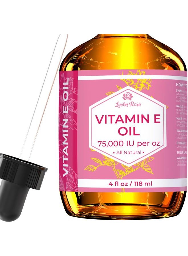 Leven Rose زيت فيتامين E من ليفن روز 75,000 وحدة دولية لكل أونصة 100% طبيعي، عضوي، زيت فيتامين E نقي للبشرة، الوجه، الشعر، الأظافر، والندوب، 4 أونصات - Image 1