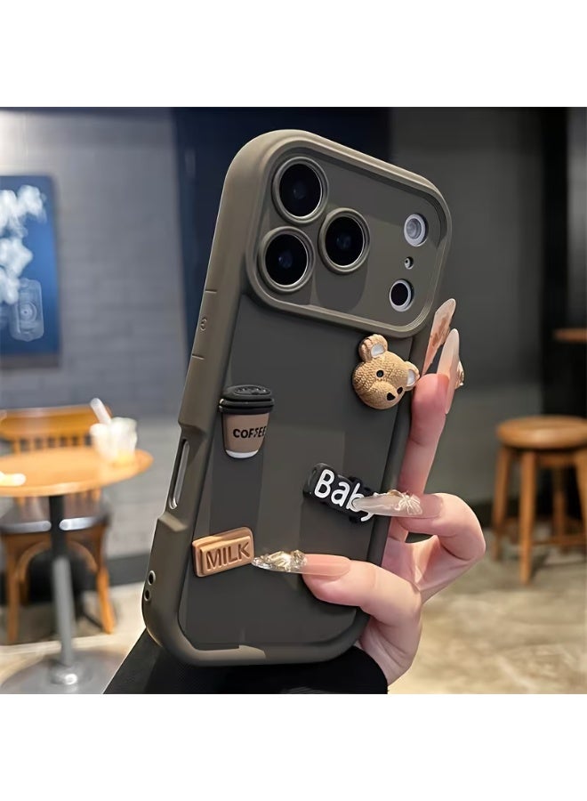 Temu Cute 3D cartoon bear handheld protective case for your phone. Soft coffee and chocolate-themed, luxurious brown back cover. Shockproof, premium phone accessory. Cute cartoon design. Shock and scratch resistant. Compatible with iPhone 17 Pro. - Image 1