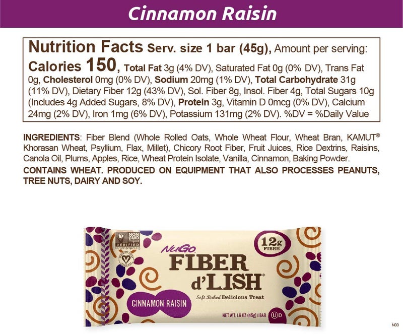 NuGO Fiber dLish Cinnamon Raisin 12g High Fiber Vegan 150 Calories 16 Ounce  16 CountPack of 1 - Image 2