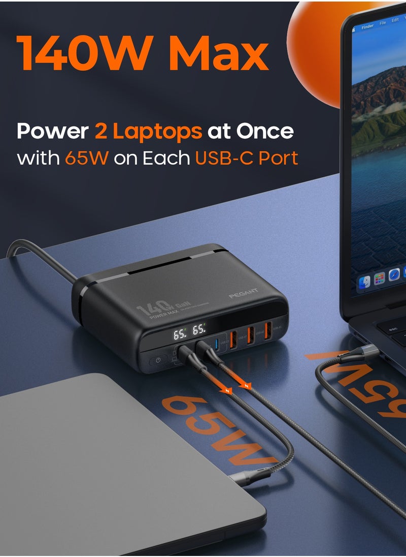 PEGANT PEGANT 140W 6 Port GaN Desktop and Wall Charger UK/EU/US Plugs, 3 USB-C PD3.0, 3 USB QC5.0, Fast Charging Station Smartphone Laptop Dock Hub Travel Adapter, 1.5M Extension Cord Cable  - Image 5