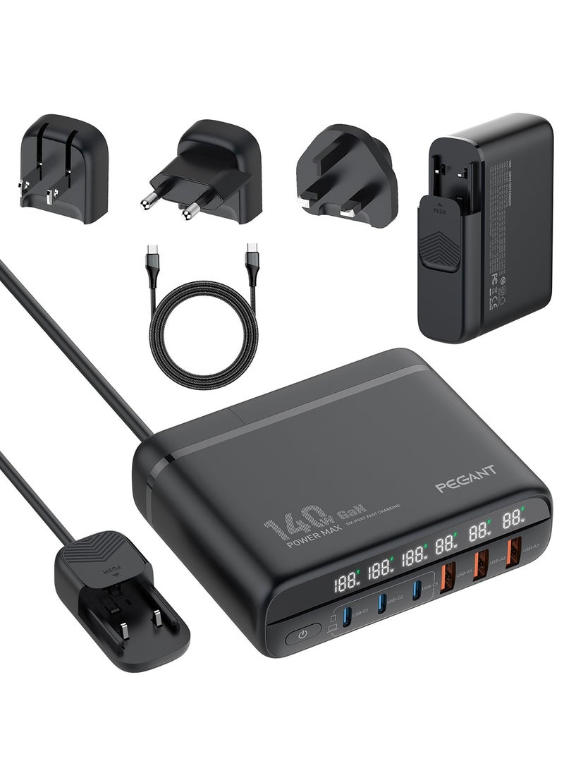 PEGANT PEGANT 140W 6 Port GaN Desktop and Wall Charger UK/EU/US Plugs, 3 USB-C PD3.0, 3 USB QC5.0, Fast Charging Station Smartphone Laptop Dock Hub Travel Adapter, 1.5M Extension Cord Cable  - Image 1