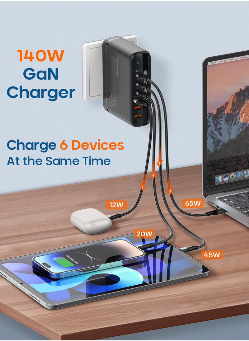PEGANT PEGANT 140W 6 Port GaN Desktop and Wall Charger UK/EU/US Plugs, 3 USB-C PD3.0, 3 USB QC5.0, Fast Charging Station Smartphone Laptop Dock Hub Travel Adapter, 1.5M Extension Cord Cable  - Image 3
