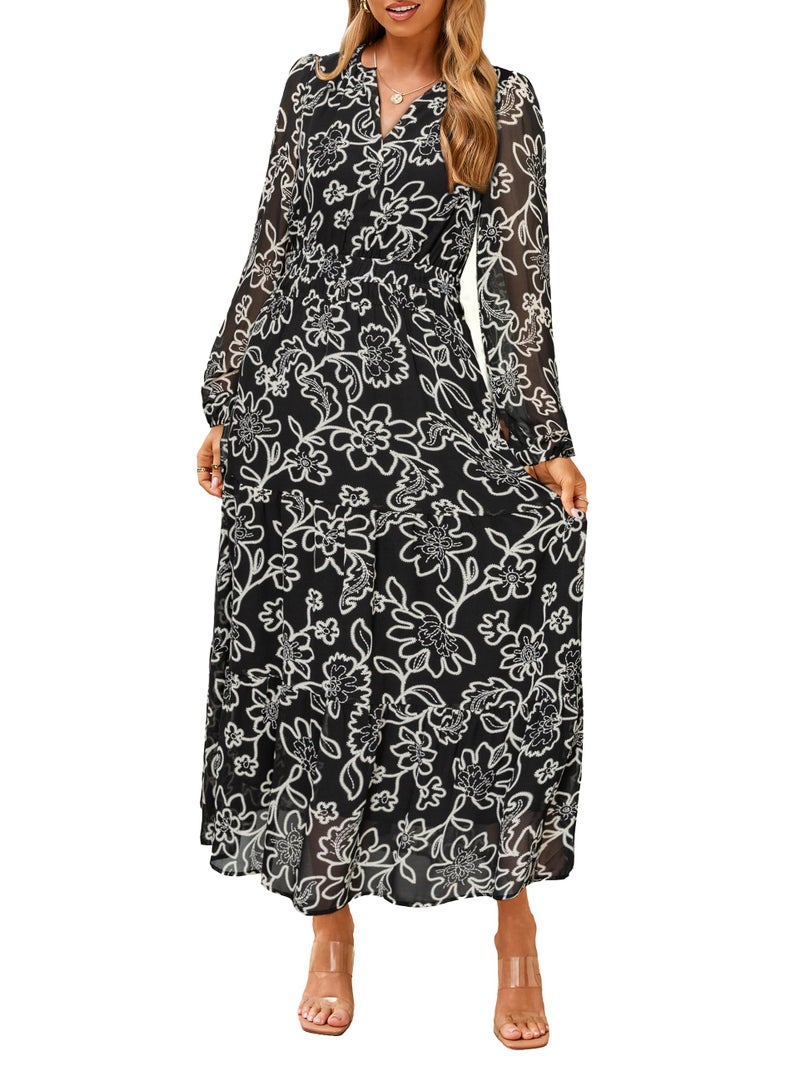Simplee Women's Floral Boho Long Sleeve Maxi Dress V Neck Empire Waist Swing Flowy Wedding Guest Dress Black White Floral M - Image 2
