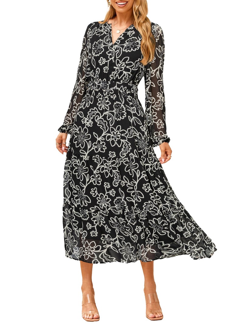 Simplee Women's Floral Boho Long Sleeve Maxi Dress V Neck Empire Waist Swing Flowy Wedding Guest Dress Black White Floral M - Image 1