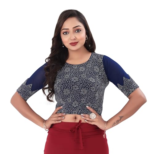 DESI GIRL - Round Neck Jacquard Regular Fit Saree Blouse for Women | Half Sleeve Readymade Stretchy Embroidered Design Festive Blouse Perfect for Saree, Lehenga, Kurti | Navy Blue - 32 - Image 1