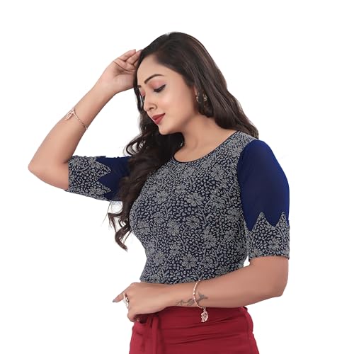 DESI GIRL - Round Neck Jacquard Regular Fit Saree Blouse for Women | Half Sleeve Readymade Stretchy Embroidered Design Festive Blouse Perfect for Saree, Lehenga, Kurti | Navy Blue - 32 - Image 2
