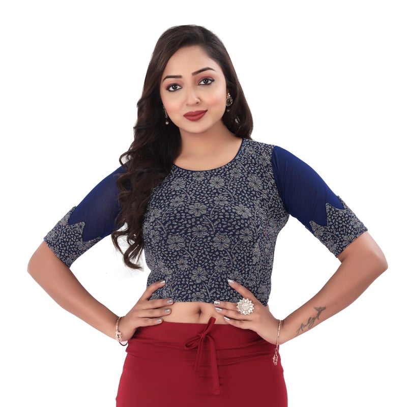 DESI GIRL - Round Neck Jacquard Regular Fit Saree Blouse for Women | Half Sleeve Readymade Stretchy Embroidered Design Festive Blouse Perfect for Saree, Lehenga, Kurti | Navy Blue - 32 - Image 5