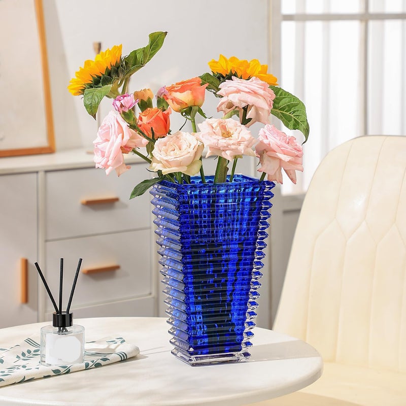 mcmcncuiu Crystal Glass Vase, Large Crystal Vases for Flowers, Large Flower Vase, Blue Modern Vases for Living Room, Bedroom, Kitchen, Dining Table, Mantle, Wedding, 11 Inches - Image 4