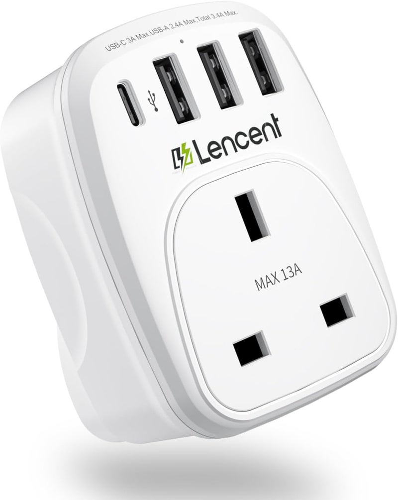 USB Plug Charger UK with 1 Type-C & 3 USB-A, 1 Way Socket Extension | 5-in-1 USB Outlet Plug Extender for Household Appliances, iPhone, Smartphone Tablets, Ideal for Home Office Bedroom - Image 1