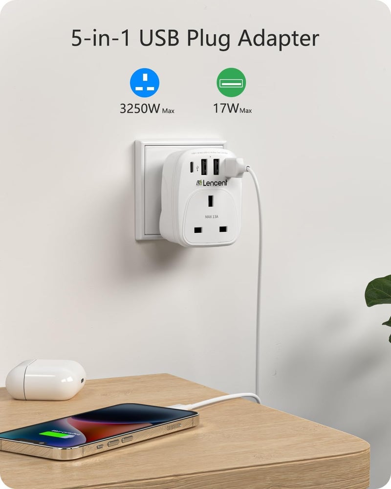 USB Plug Charger UK with 1 Type-C & 3 USB-A, 1 Way Socket Extension | 5-in-1 USB Outlet Plug Extender for Household Appliances, iPhone, Smartphone Tablets, Ideal for Home Office Bedroom - Image 2