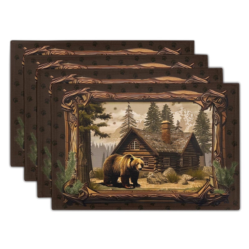 Granbey Bear Placemats Set of 4 - Lodge Cabin Place Mats 12x18 Inch Rustic Farmhouse Wild Animal Table Mats Country Woodland Kitchen Mats for Dining Table - Image 1
