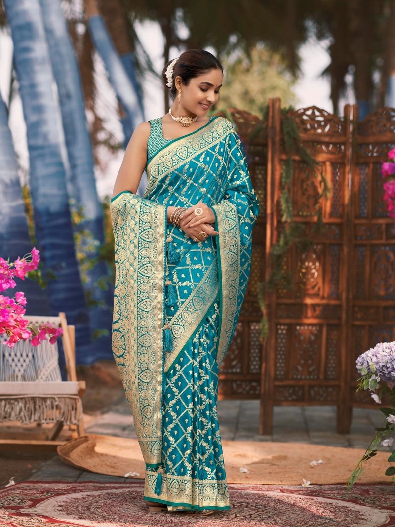 MANOHARI Women's Most Trendy Banarasi Satin Silk Woven Turquiose Blue Saree With Heavy Jacquard Work Saree With Blouse Piece_MN1997 - Image 5
