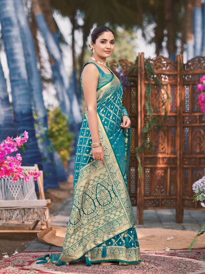 MANOHARI Women's Most Trendy Banarasi Satin Silk Woven Turquiose Blue Saree With Heavy Jacquard Work Saree With Blouse Piece_MN1997 - Image 4