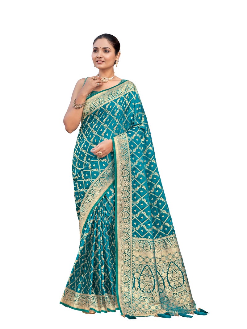 MANOHARI Women's Most Trendy Banarasi Satin Silk Woven Turquiose Blue Saree With Heavy Jacquard Work Saree With Blouse Piece_MN1997 - Image 1