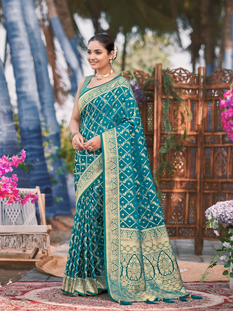 MANOHARI Women's Most Trendy Banarasi Satin Silk Woven Turquiose Blue Saree With Heavy Jacquard Work Saree With Blouse Piece_MN1997 - Image 2