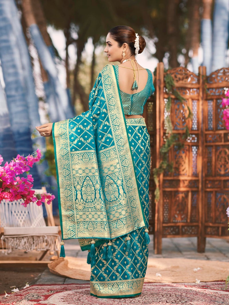 MANOHARI Women's Most Trendy Banarasi Satin Silk Woven Turquiose Blue Saree With Heavy Jacquard Work Saree With Blouse Piece_MN1997 - Image 3