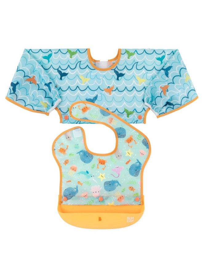 BUMKiNs Bibs Silicone Bibs For Babies Bib For Girl Or Boy Baby And Toddler Bib For 6 24 Months Combination Fabric Superbib And Sleeved Bib With Attachable Silicone Pocket Ocean Life - Image 2