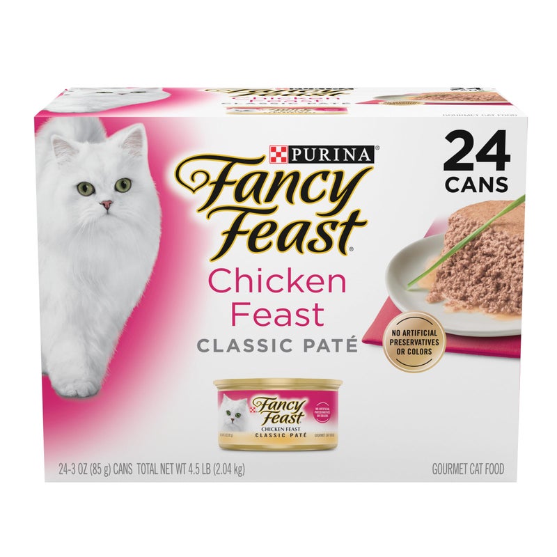 Fancy Feast مجموعة فاخرة من طعام القطط الرطب خالي من الحبوب بنكهة الدجاج - (عبوة من 24) علب سحب سعة 3 أونصات - Image 1
