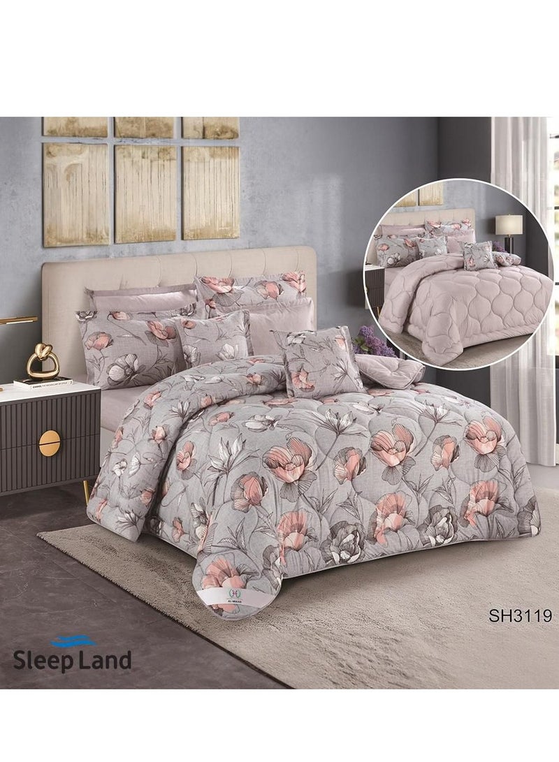 طقم مفارش سرير 8 قطع مقاس 200×200 سم – تصميم رمادي مزخرف بالورود الوردية لأناقة عصرية