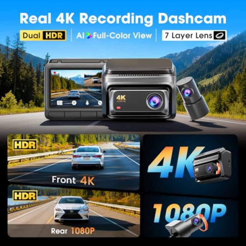 كاميرا داش كام للسيارات، كاميرا داش كام أمامية وخلفية 4K+1080P، كاميرا داش مزدوجة HDR، 5G WiFi6، 2K/60FPS، 3 IPS، GPS، رؤية ليلية AI ISP، شاشة وقوف السيارات 24 ساعة، ADAS، G-Sensor، أقصى دعم 512G، 2026 - Image 2