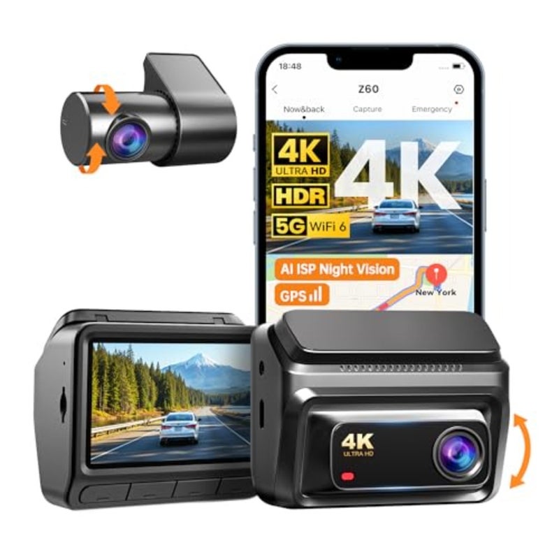 كاميرا داش كام للسيارات، كاميرا داش كام أمامية وخلفية 4K+1080P، كاميرا داش مزدوجة HDR، 5G WiFi6، 2K/60FPS، 3 IPS، GPS، رؤية ليلية AI ISP، شاشة وقوف السيارات 24 ساعة، ADAS، G-Sensor، أقصى دعم 512G، 2026 - Image 1