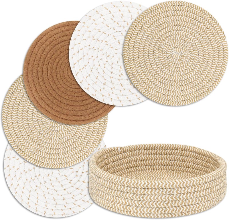 Cazzon Trivets for Hot Dishes, Pots and Pans, Hot Pads with Storage Basket, Pot Holders for Kitchen, Heat Resistant Mat Protect Counter Home Essentials, Farmhouse Decor (Mix Brown 5 PCS) - Image 1