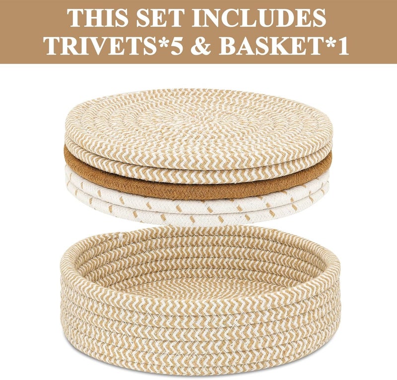 Cazzon Trivets for Hot Dishes, Pots and Pans, Hot Pads with Storage Basket, Pot Holders for Kitchen, Heat Resistant Mat Protect Counter Home Essentials, Farmhouse Decor (Mix Brown 5 PCS) - Image 2