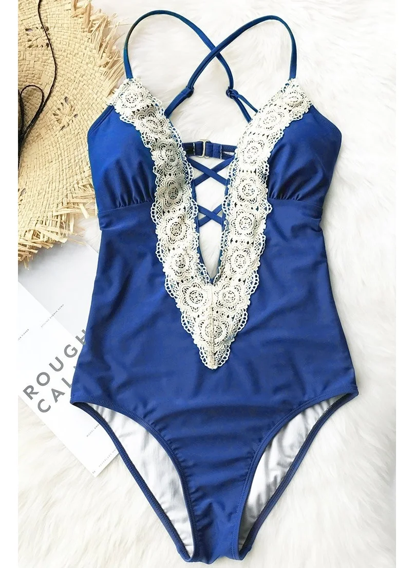 Angelsin Blue Lace Embroidered Swimsuit