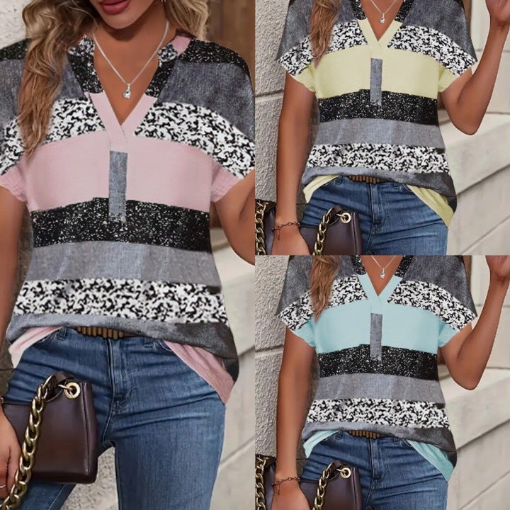 2024 Temu Explosions Summer Short-Sleeved Striped V-Neck Shiny 3D Printed Casual T-Shirt For Women - Image 2