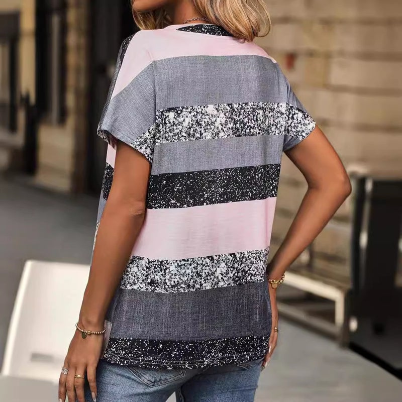 2024 Temu Explosions Summer Short-Sleeved Striped V-Neck Shiny 3D Printed Casual T-Shirt For Women - Image 5