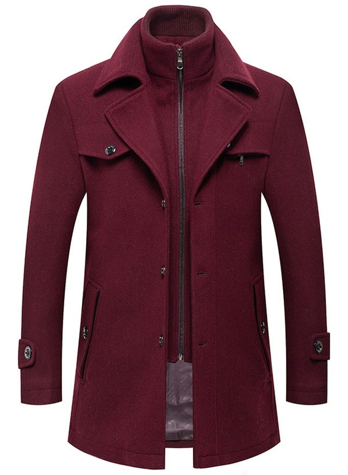Loquat Men's Double Collar Winter Thick Trench Coat With Detachable Soft Scarf Jacket Wine Red 
