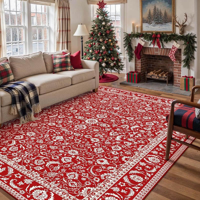 HUGEAR Christmas 8x10 Machine Washable Rugs Red Hallway Large Area Rug Indoor Accent Rug Floral Low Pile Carpet Soft Throw Aesthetic Rug Bedroom Living Room Office Dining Room Kitchen Laundry Room - Image 3
