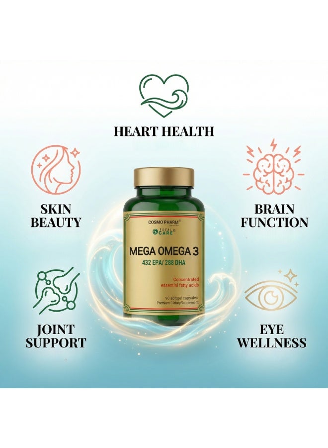 Cosmo Pharm Mega Omega 3 Fish Oil 432 EPA / 288 DHA | Supports Heart & Brain | 90 Softgels - Image 3
