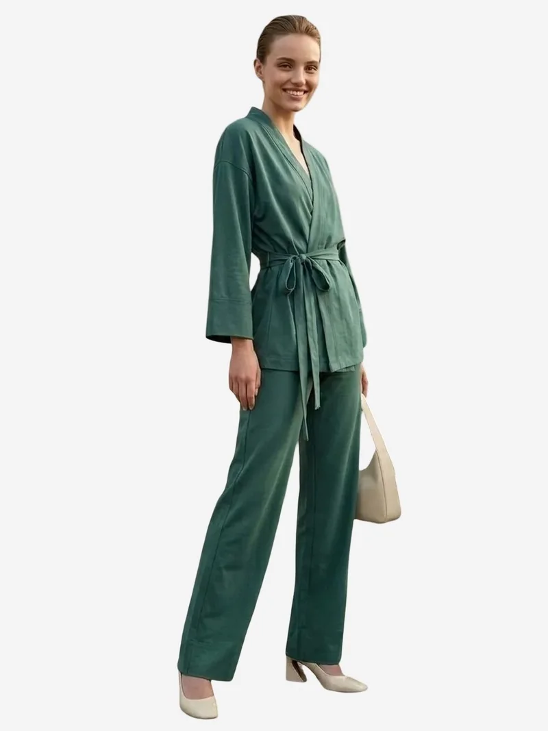 My Fashion Sage Green MY FASHION Belted V-neck Long Sleeve Two-Piece Set for Women | Best Price UAE