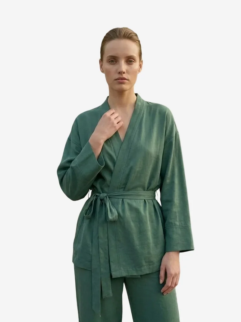 My Fashion Sage Green MY FASHION Belted V-neck Long Sleeve Two-Piece Set for Women | Best Price UAE